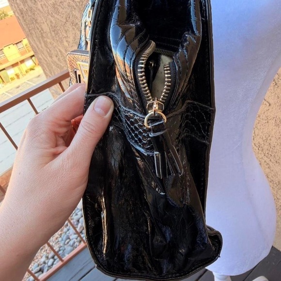 Glossy black croc embossed satchel by anya hindmarch main image 8